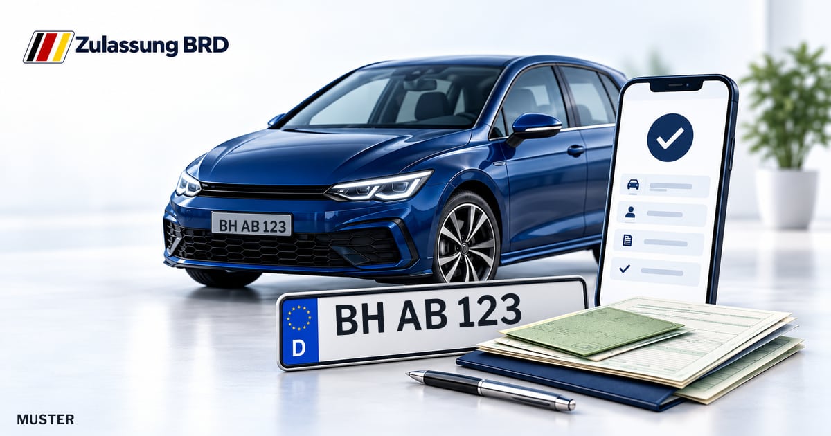 Online Fahrzeugzulassung in Gengenbach: Musterkennzeichen BH AB 123, Auto und Fahrzeugpapiere und Smartphone. Illustration mit Logo von Zulassung BRD.